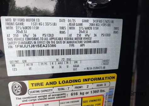 2025 Ford Expedition Active z USA, uszkodzony, nr VIN 1FMJU1J81SEA23386